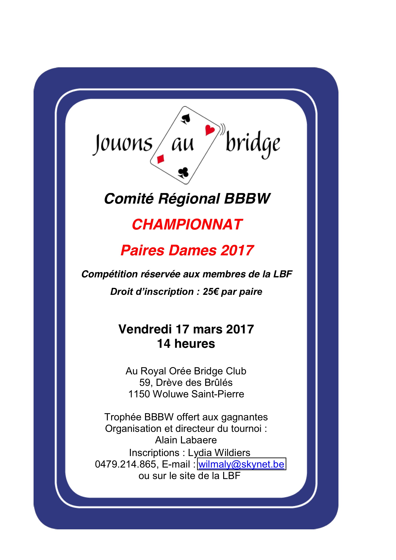 BBBW Paires Dames 2017 | Fédération Royale Belge De Bridge